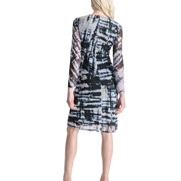 DKNY Petite Printed Side-Ruched Sheer-Sleeve Mesh Dress – Black/Blue (NWT, 4P) - Picture 5 of 5